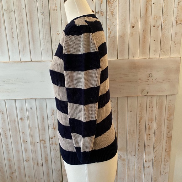 J.Crew three-quarter sleeve navy and beige striped sweater. Size S - Picture 2 of 4